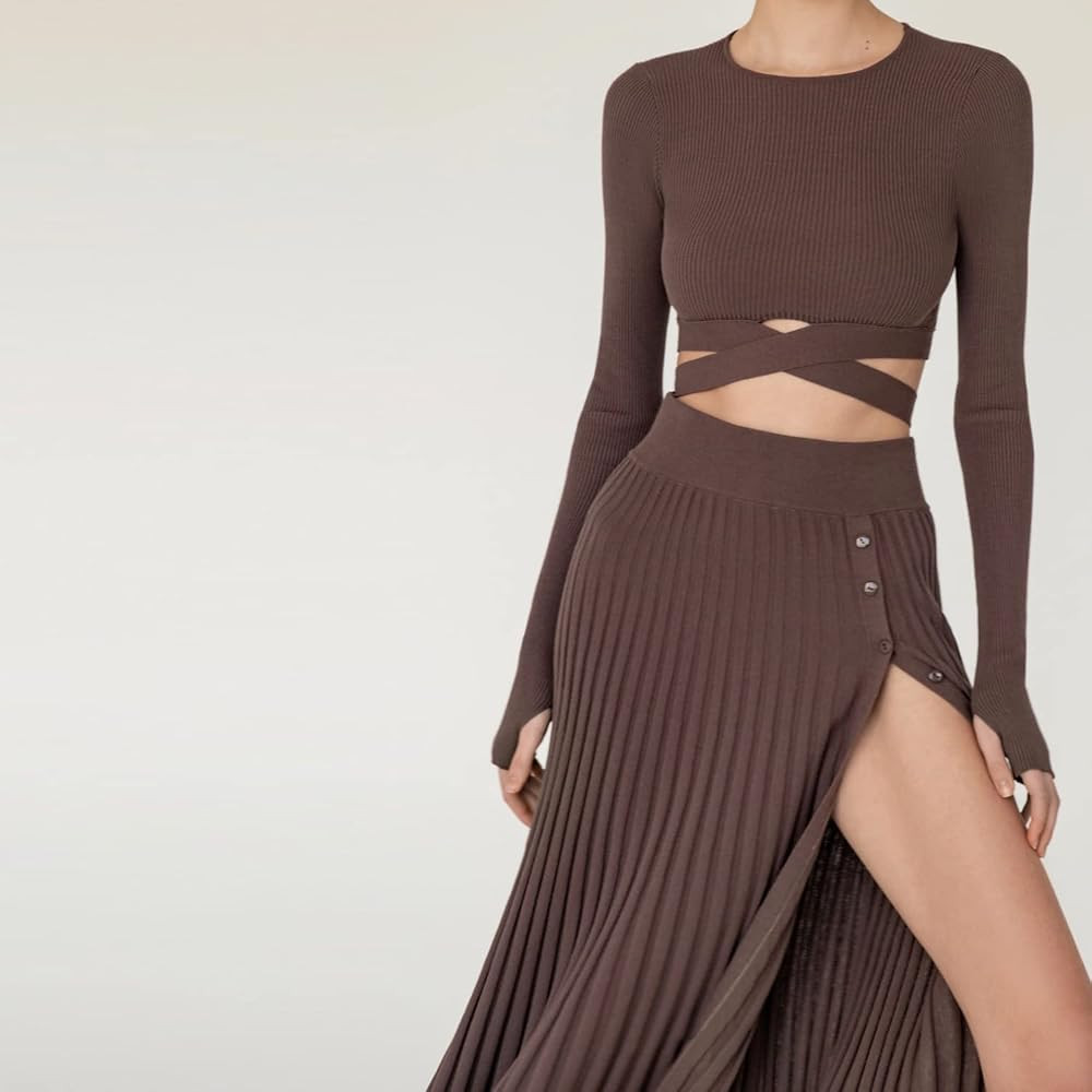 Meladyan Women 2 Piece Dress Outfits Sexy Knit Pleated Skirt Tie Back Long Sleeve Crop Top Shirt Swe | Amazon (US)