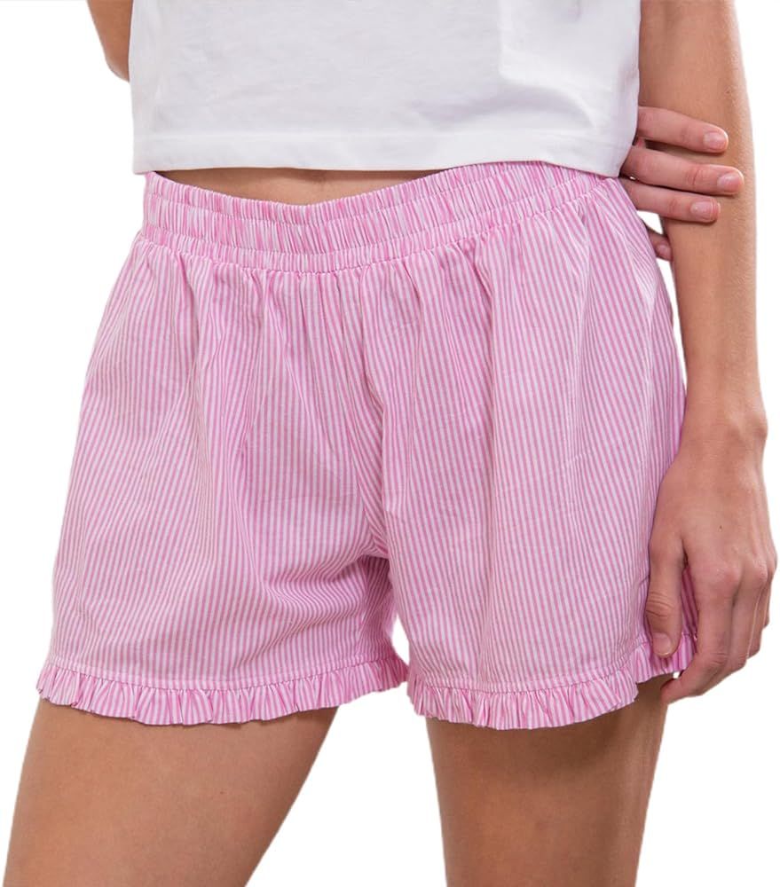 Plaid Shorts for Women Y2K Ruffle Hem High Waist Elastic Pajama Shorts Lounge Gingham Boxer Pj Bo... | Amazon (US)
