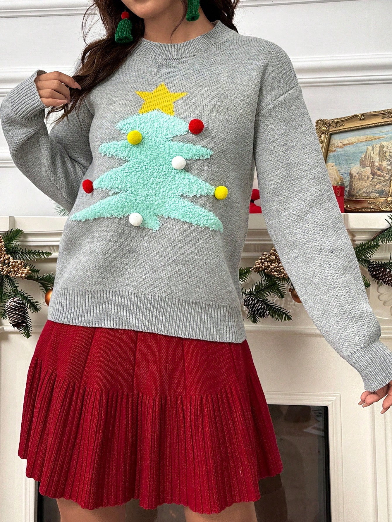 SHEIN LUNE Christmas Tree Flocking Pom Pom Detail Drop Shoulder Sweater | SHEIN