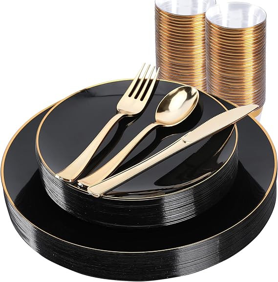 JYHOWIRE 150pcs Black Plastic Dinnerware Set,Black Plastic Plates with Gold Rim,white and Gold Pl... | Amazon (US)