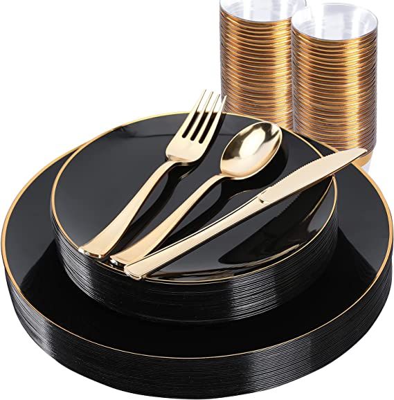 JYHOWIRE 150pcs Black Plastic Dinnerware Set,Black Plastic Plates with Gold Rim,white and Gold Pl... | Amazon (US)