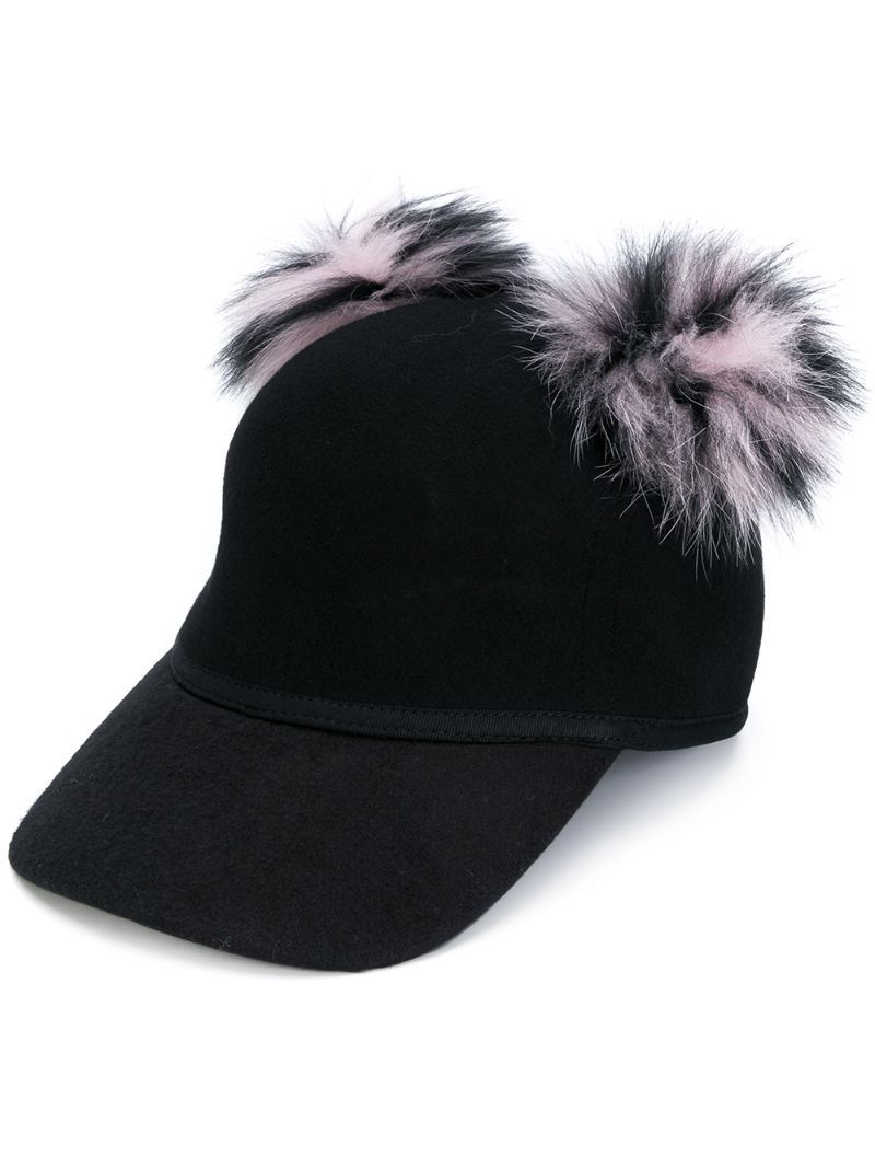 Charlotte Simone - pom pom cap - women - Fox Fur/Wool - One Size, Black, Fox Fur/Wool | FarFetch US