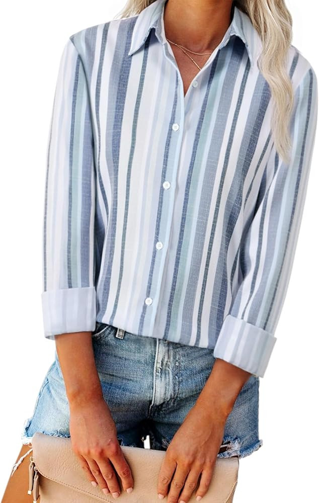 Women's Striped Button Down Shirts Linen Shirts Long Sleeve Collared Blouses Boyfriends Loose Tun... | Amazon (US)
