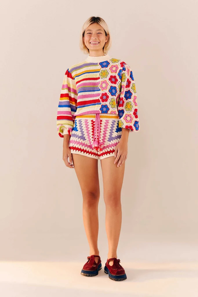 rainbow crochet squares shorts | FarmRio (US)