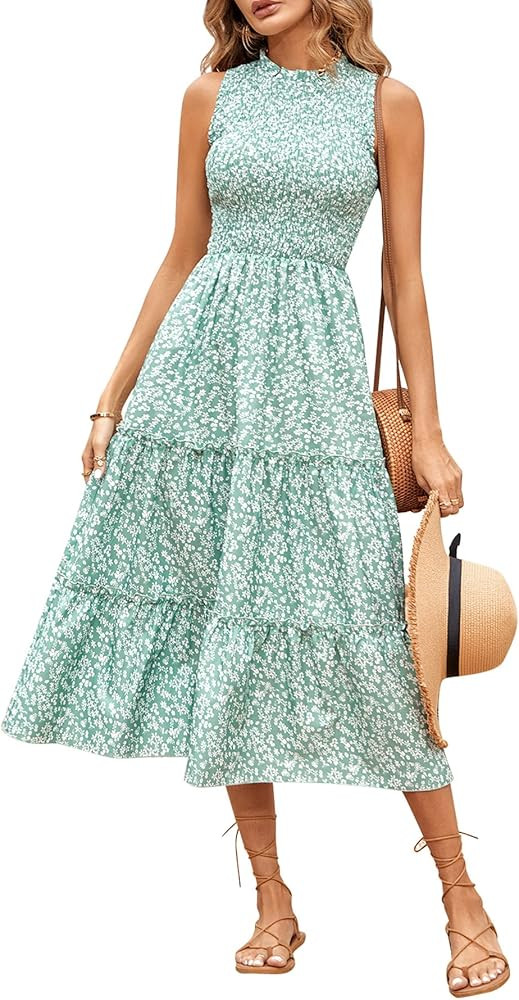 SOLERSUN Women's 2023 Summer Sleeveless Smocked Sundress Floral Ruffle Tiered Swing Flowy A Line ... | Amazon (US)