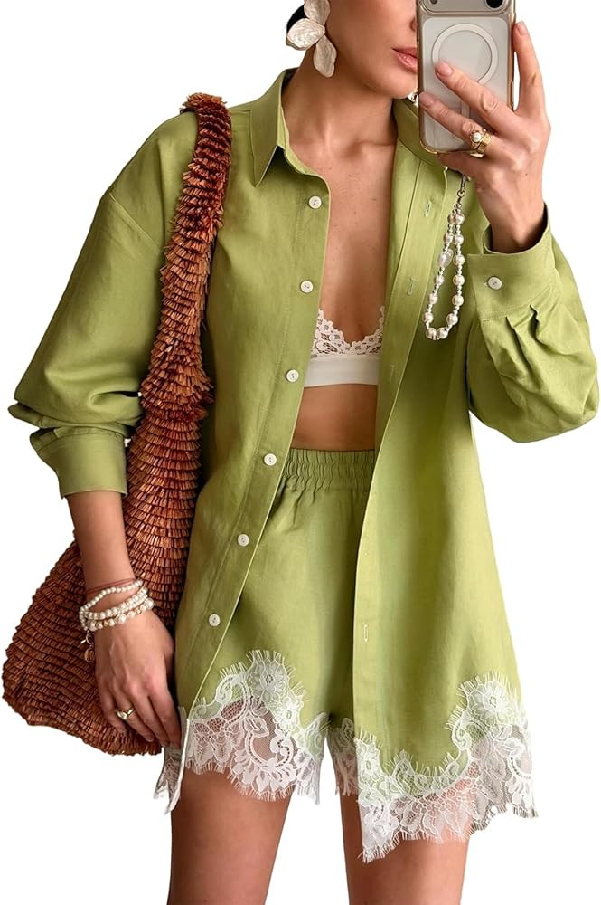 Women's Lace Trim 2 Piece Set Summer Long Sleeve Button Down Shirt Matching Elastic Waist Shorts ... | Amazon (US)