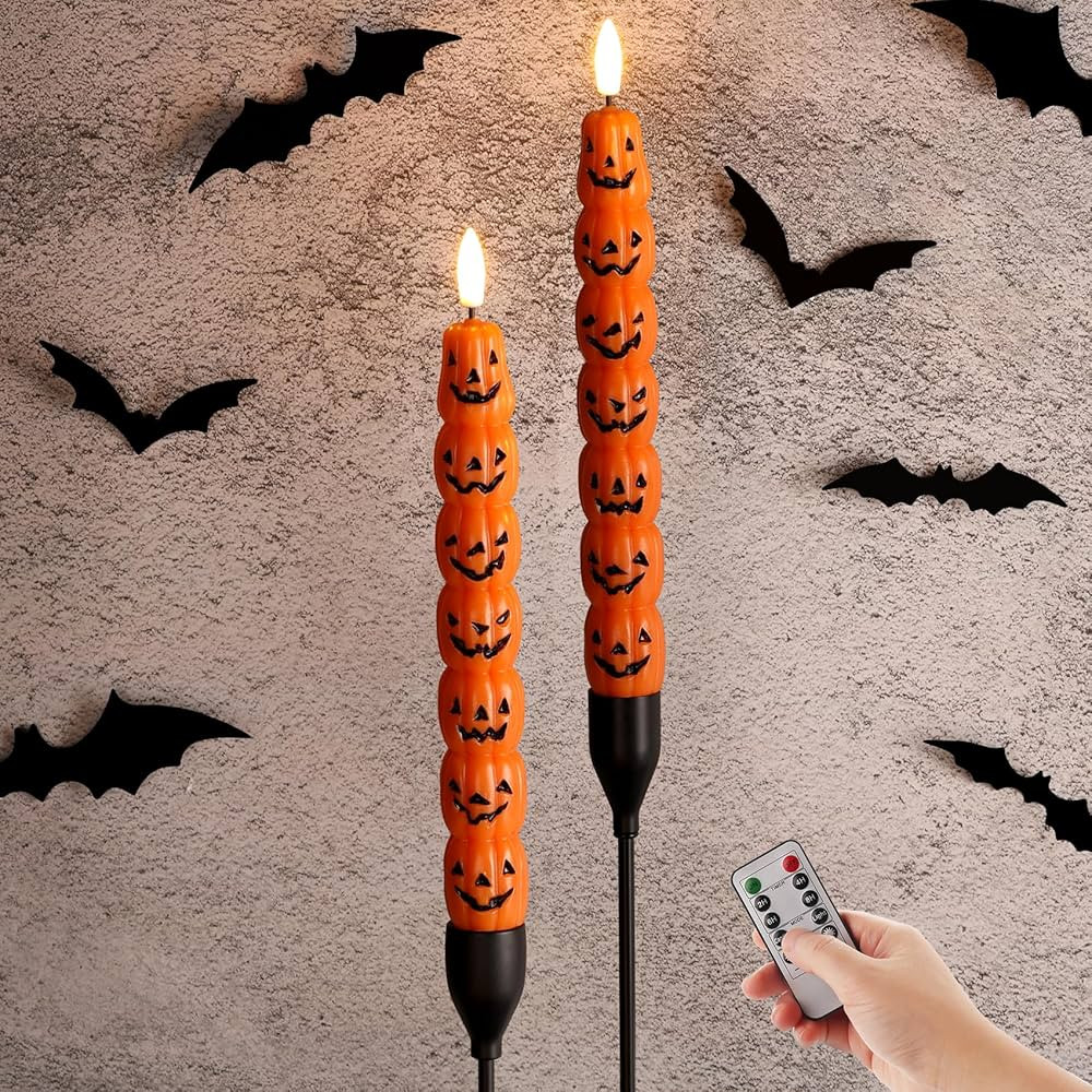 Orange Pumpkin Halloween Flameless Taper Candles with Remote, Flickering Spooky LED Wax Candlesti... | Amazon (US)