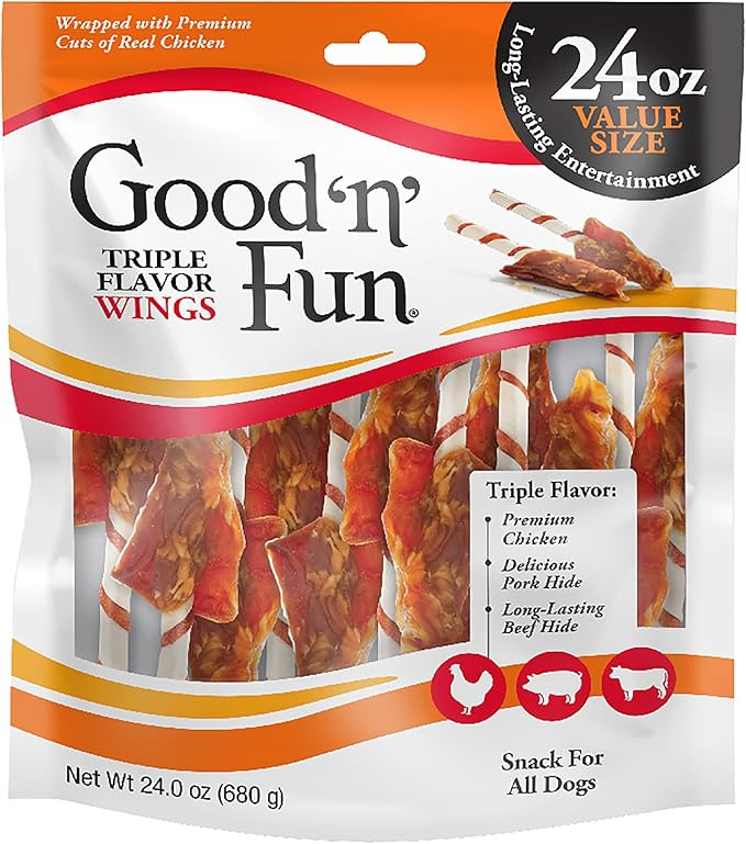 Good 'n' Fun Triple Flavor Wings, 24 Ounces, Rawhide Snack for All Dogs Made with Real Chicken, P... | Amazon (US)