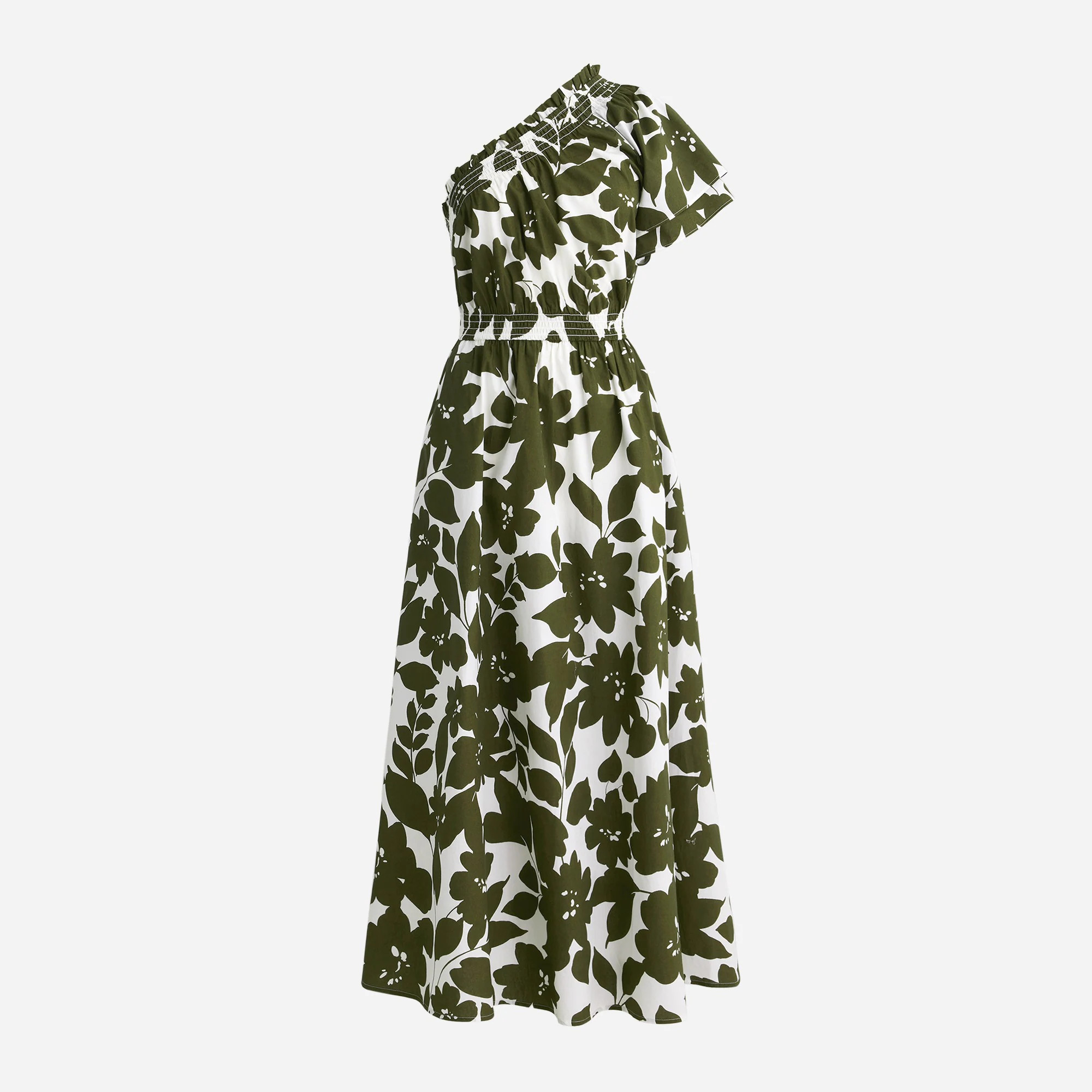 Smocked cotton poplin one-shoulder dress in leafy floral | J. Crew US