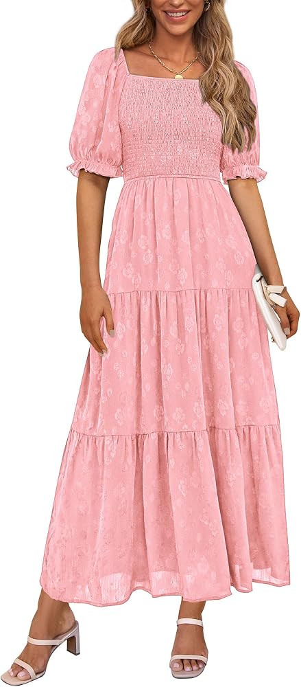 PRETTYGARDEN Women's 2025 Summer Casual Midi Dresses Square Neck Short Sleeve Smocked A Line Flor... | Amazon (US)