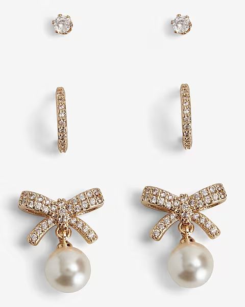 Set Of 3 Rhinestone Pearl Bow Earrings | Express