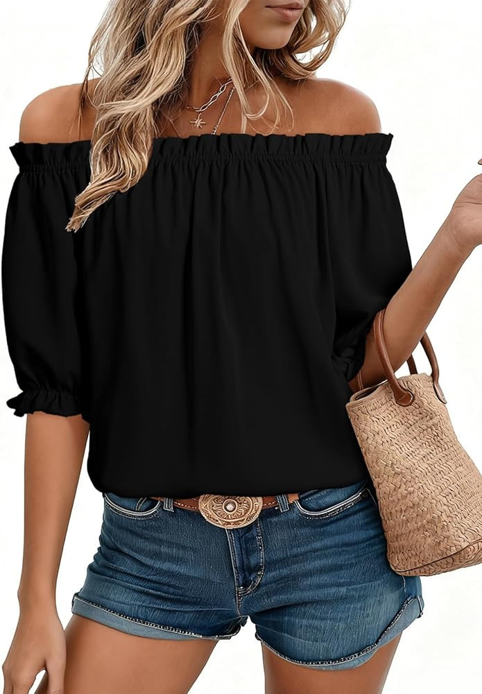 EVALESS Womens Tops Off The Shoulder Blouses for Women Dressy Casual Cute Puff Sleeve T Shirts Fa... | Amazon (US)