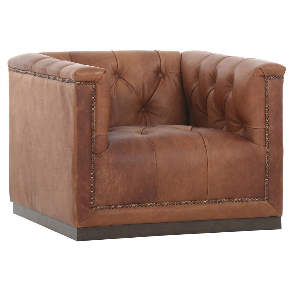 Emmy Rustic Lodge Warm Brown Leather Tufted Nailhead Trim Swivel Club Chair | Kathy Kuo Home