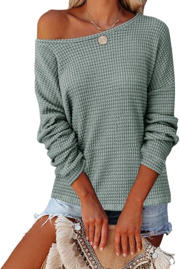 MEROKEETY Womens Long Balloon Sleeve Waffle Knit Tops Crew Neck Oversized Sweater Pullover | Amazon (US)