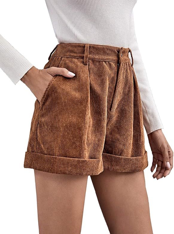 Romwe Women's Casual Wide Leg High Waist Cuffed Hem Corduroy Shorts with Pockets | Amazon (US)