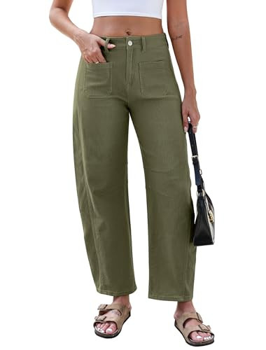 Eddoyee Wide Leg Barrel Pants Women - Stretchy High Waist Baggy Pants Y2k Boyfriend Ankle Trousers with Pockets Army Green | Amazon (US)