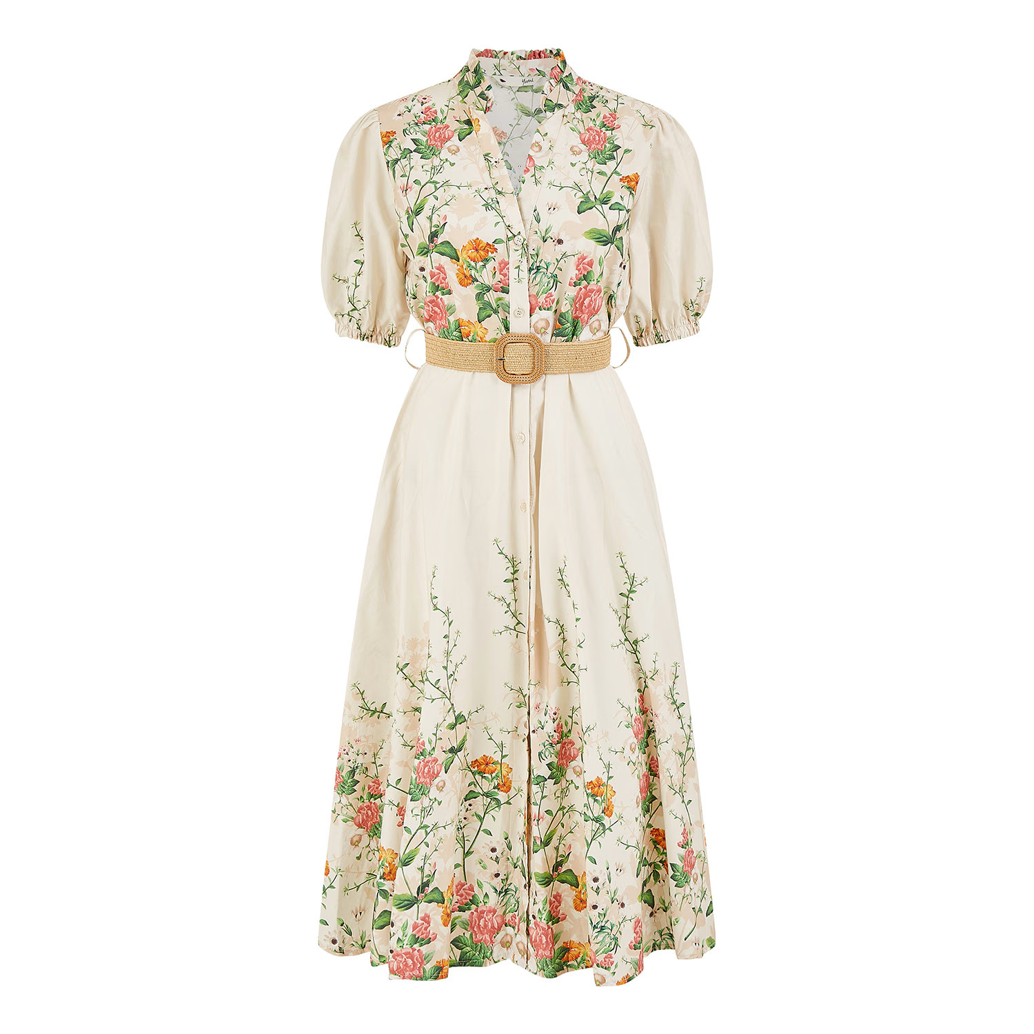Yumi Ivory Cotton Printed Midi Floral Placement Shirt Dress | Wolf & Badger