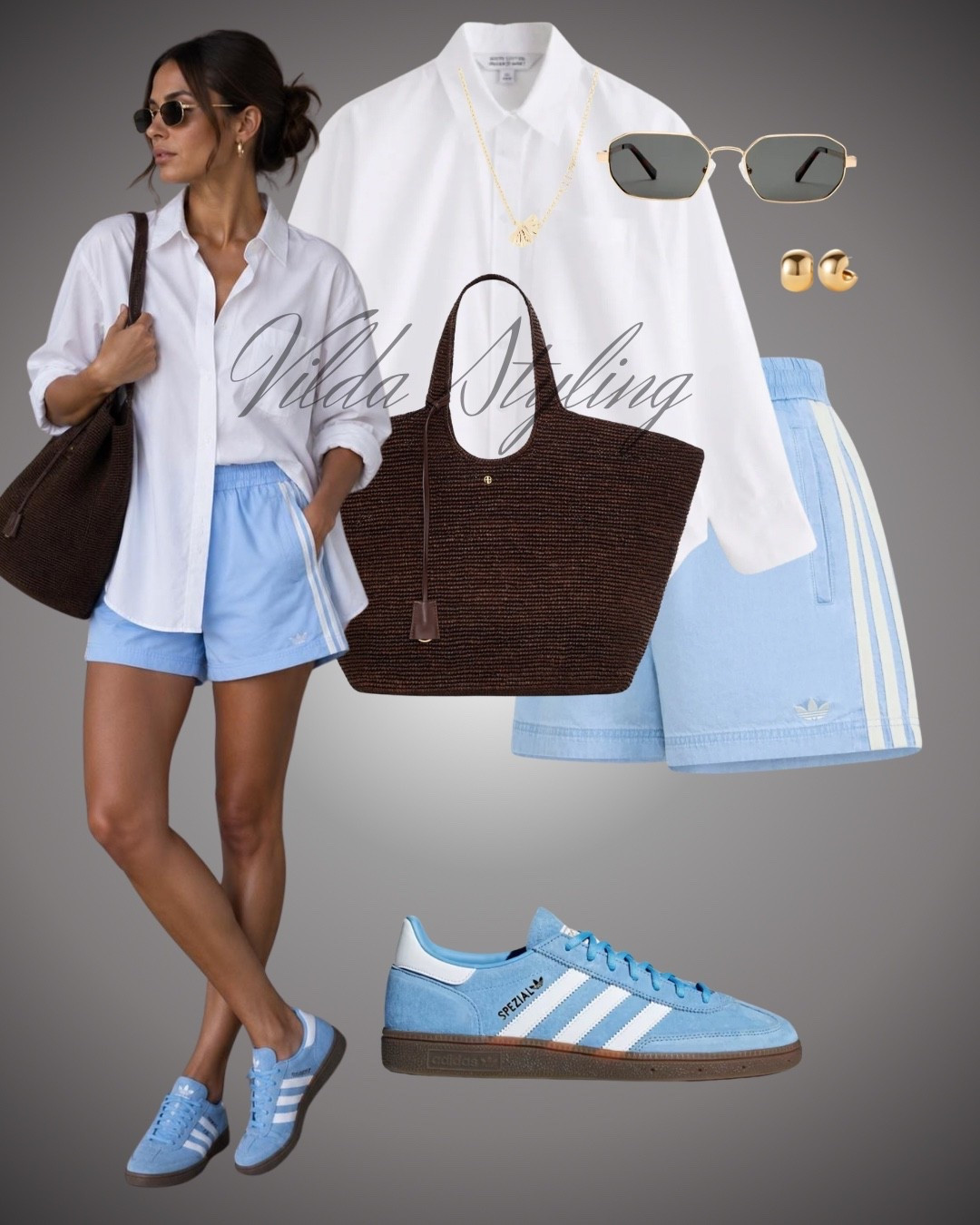 Effortless summer chic is here! I’m obsessed with the perfect balance of sporty and sophisticated in this look. 🤍 The light blue Adidas shorts and matching blue Spezial sneakers are ideal for comfort, and layering the unbuttoned white shirt over the model makes it feel so polished.🕶️ Complete with timeless gold accessories and sunglasses, this outfit is ready for brunch, shopping, or a casual weekend out.
#Adidas
#SummerStyle #AdidasSpezial #LTKfit #LTKunder100 #SportyChic #SummerOOTD #WovenTote #CasualCool #ShopMyLook #LTKstyletip

#LTKsummer #LTKstyletip #LTKtravel