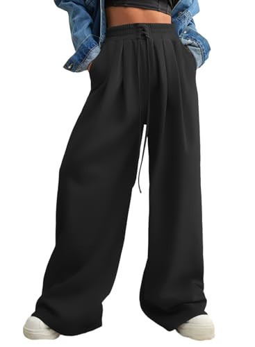 Aleumdr Womens Wide Leg Joggers Fall Trendy Baggy Pants Y2K Elastic Waist Jogger Sweatpants Track Pants Black Small | Amazon (US)