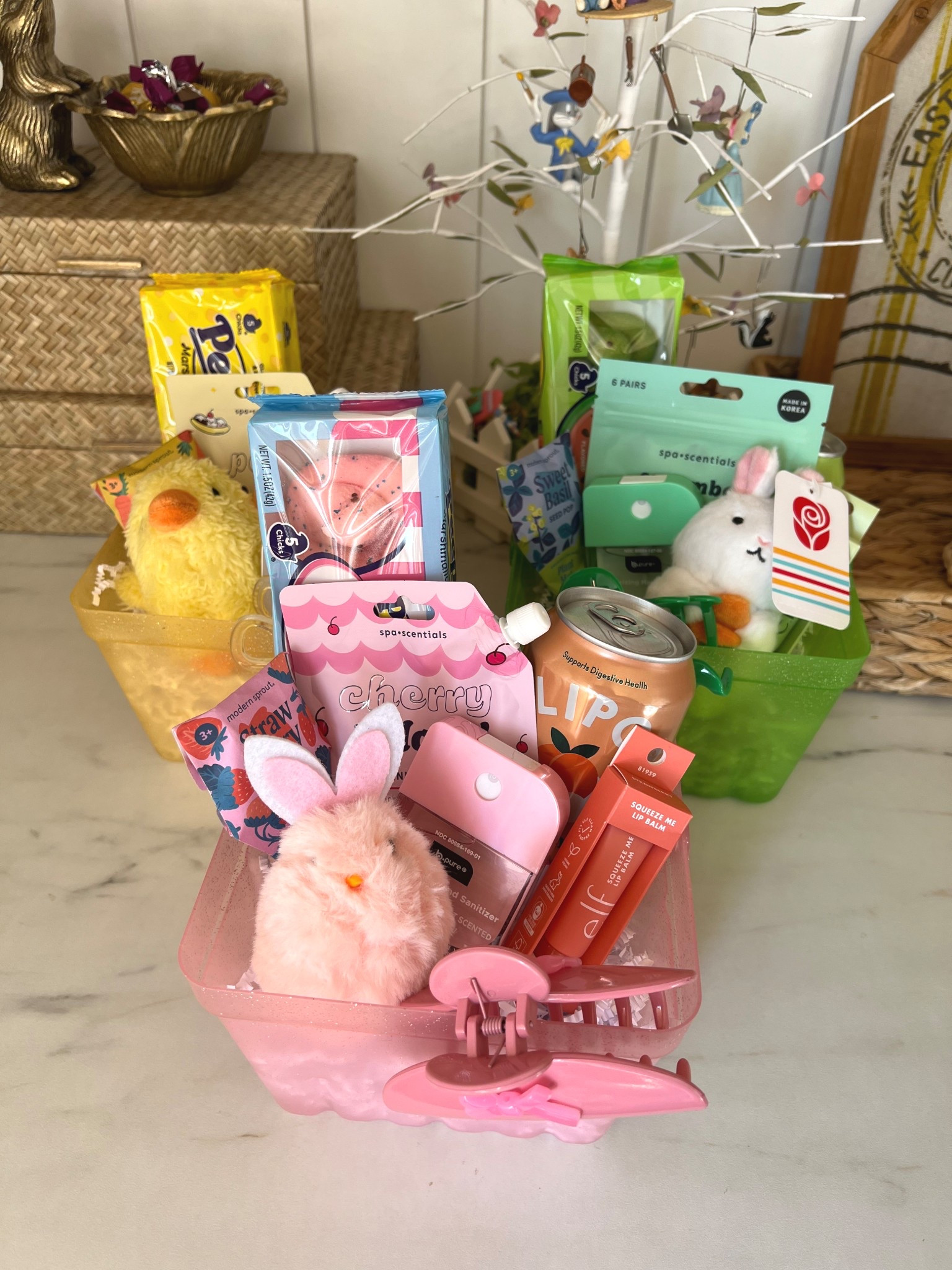 Monochromatic Easter baskets for the girlies ✨🐰

I linked as much as I could! The claw clips, face masks, hand sanitizers and Peeps are from Dollar Tree! 