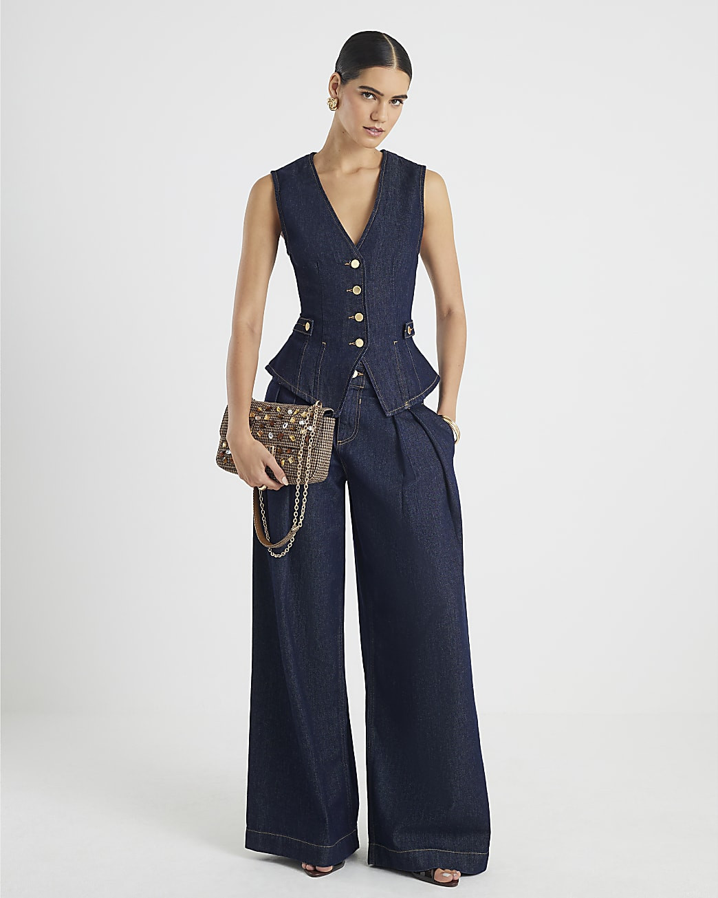 Denim Fitted Tab detail Waistcoat | River Island UK & IE
