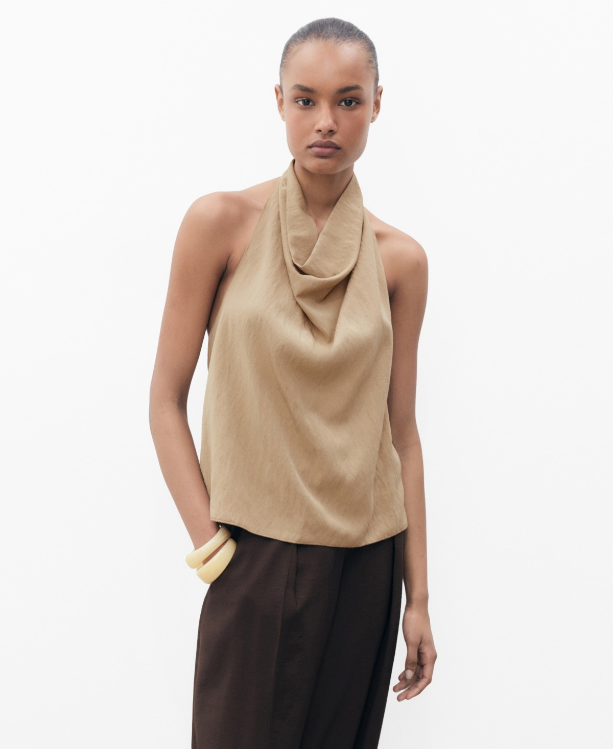 Mango Women's Draped Neck Lyocell Top - Beige | Macy's