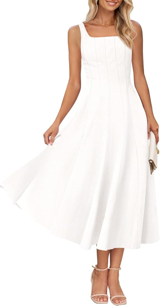 MEROKEETY Women's 2025 Summer Sleeveless Midi Dress Square Neck Smocked Flowy A Line Beach Dresse... | Amazon (US)