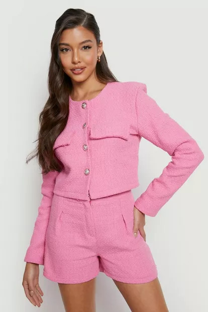 Boucle Button Detail Cropped Blazer | Boohoo.com (UK & IE)