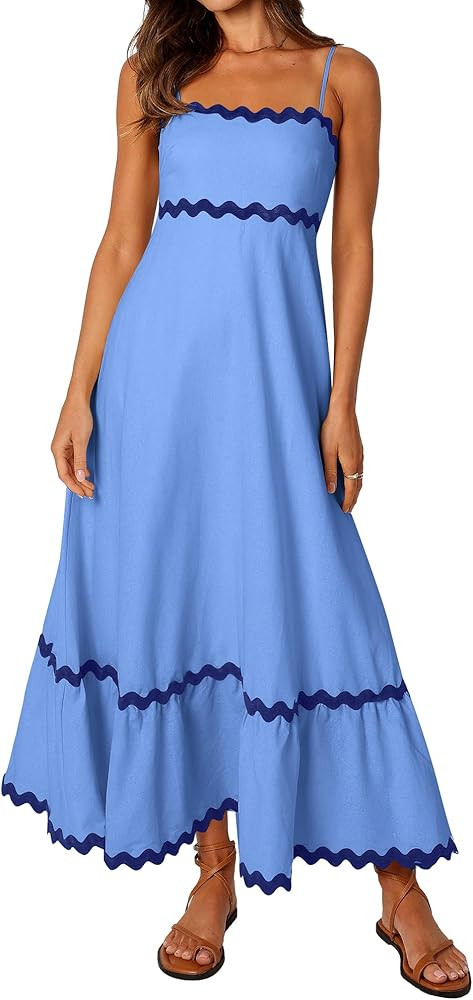 XIONGMEI Women Summer Dresses Spaghetti Straps Sleeveless Square Neck Smocked Rickrack Trim Boho ... | Amazon (US)