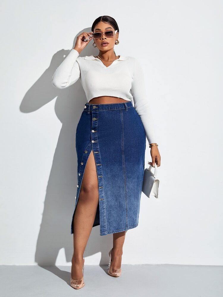 SHEIN SXY Plus Ombre High Waist Single Breasted Denim Skirt | SHEIN