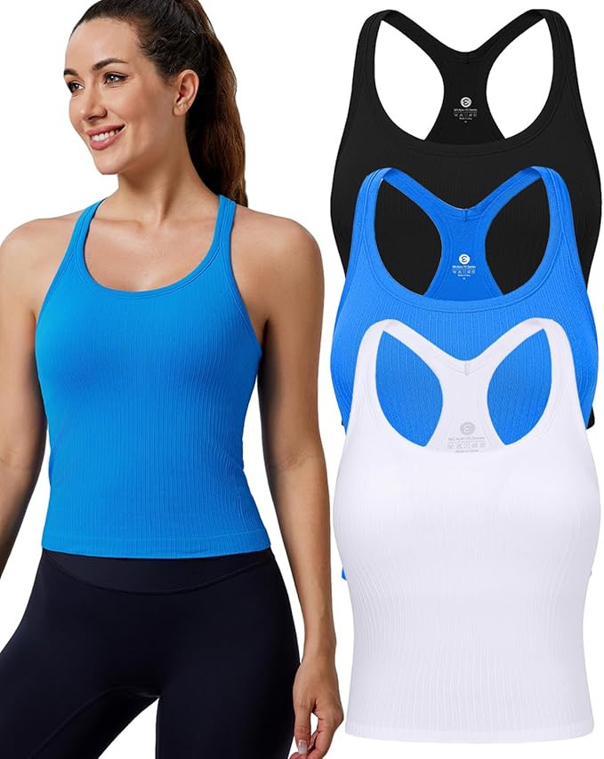 Evercute Women's 1/2/3 Pack Ribbed Workout Tank Tops with Built in Bra Racerback Seamless Crop Ta... | Amazon (US)