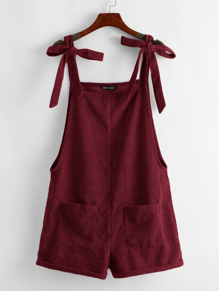 SHEIN Tie Shoulder Pocket Front Cuffed Cord Romper | SHEIN