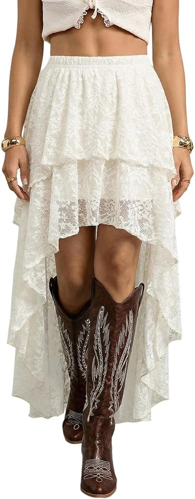 OYOANGLE Women's Lace Mesh Layered Ruffle Long Skirt High Waisted High Low Hem Fairy Going Out Skirts | Amazon (US)