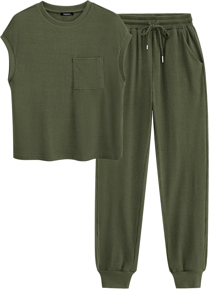 BTFBM Women's Two Piece Tracksuit Outfits Summer Short Sleeve Tops Long Pants Jogger Lounge Match... | Amazon (US)