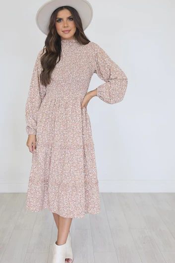 This Is Your Chance Beige Floral Smocked Mock Neck Midi Dress | Pink Lily