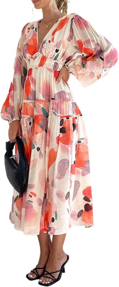 Women Boho Floral Print Long Dress V-Neck Long Puff Sleeve Chiffon Sundress Spring Casual Beach P... | Amazon (US)