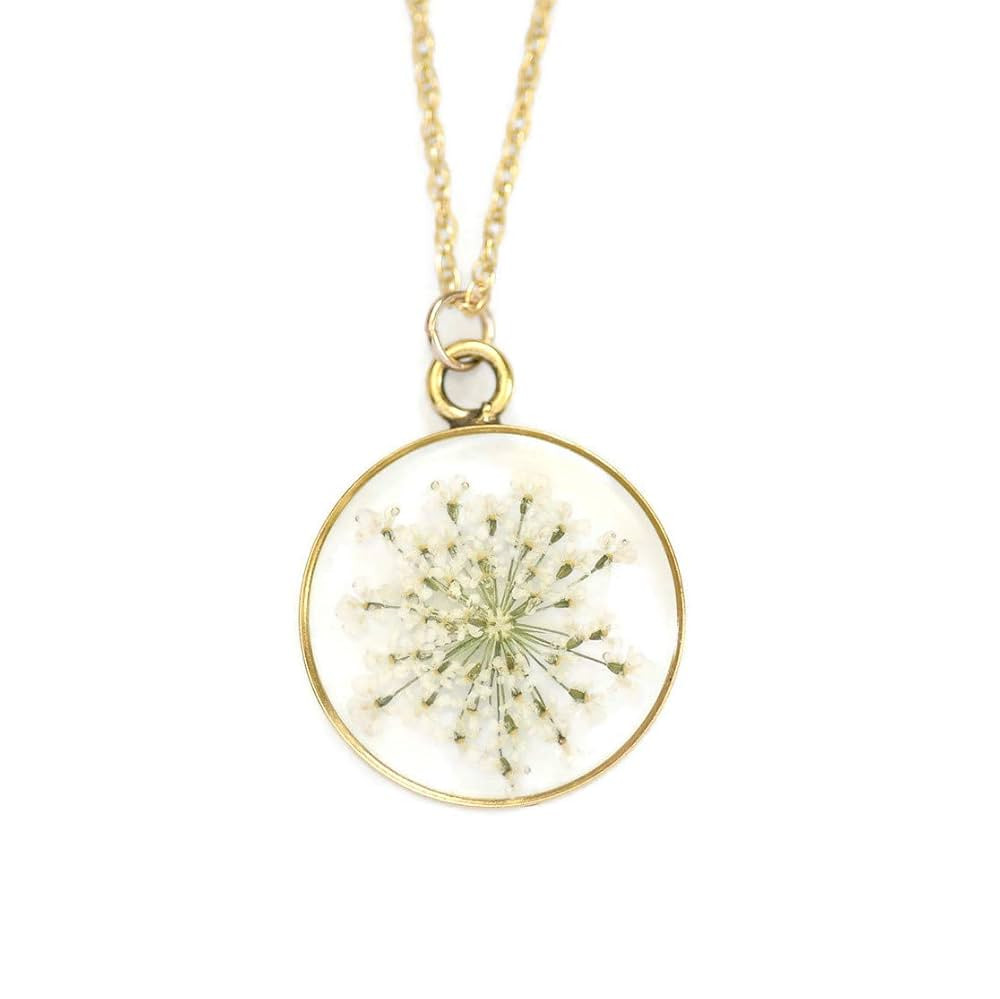 Olive Bella™ Handmade Pressed White Flower Necklace for Women Queen Anne's Lace 14k Gold Filled... | Amazon (US)