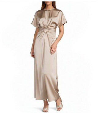 Gabriella Satin Ruched Jewel Neck Short Sleeve Flounce Midi Dress | Dillard's