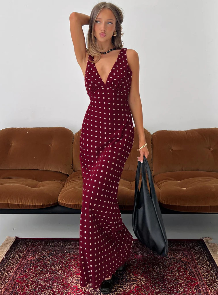 Nellie Maxi Dress Burgundy Polka Dot | Princess Polly US