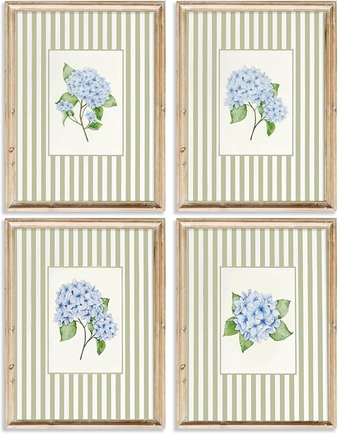 Blue Hydrangea Wall Art Sage Green Striped Rustic Farmhouse Floral Pictures Wall Decor French Cou... | Amazon (US)