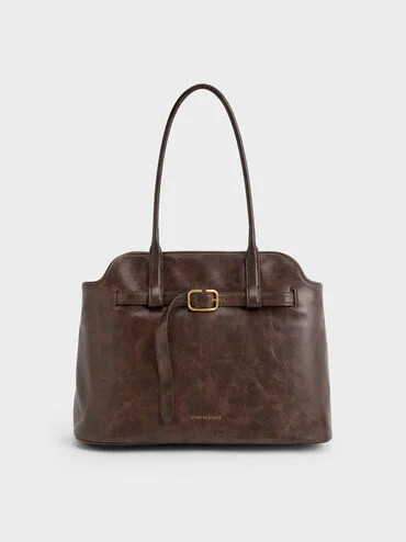 Distressed Coffee Victoria Belted Trapeze Tote Bag | CHARLES & KEITH UK | Charles & Keith UK