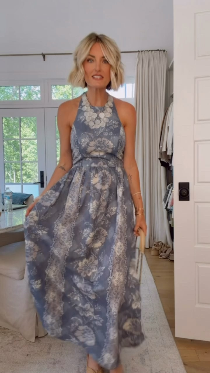 This dress is so gorgeous! Perfect as a beach wedding guest dress or as a vacation maxi staple! Paired with this gorgeous pearlescent disc necklace. The back detail is so child! Wearing XS

Loverly grey, blue floral maxi dress, tie neck dress, resort wear women, vacation dresses

#LTKSeasonal #LTKTravel #LTKWedding