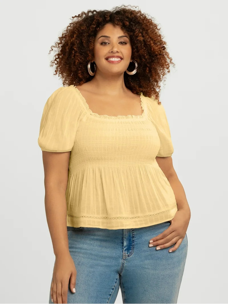 Jessica Simpson Women's and Women's Plus Waverly Cotton Smocked Blouse, Sizes XS-4X | Walmart (US)