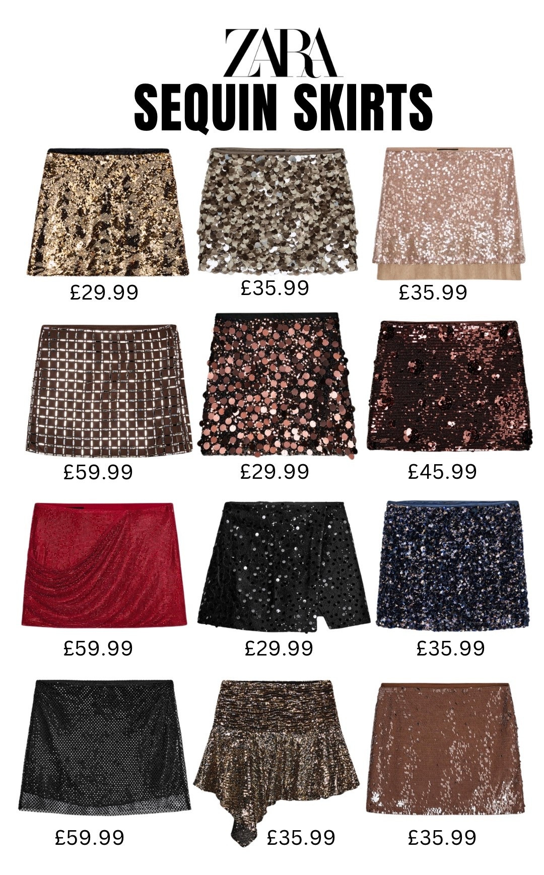 ZARA SEQUIN SKIRT COLLECTION🪩
Tags: partywear party sequined embellished rhinestone gold silver black navy brown pink neutral skort sparkle shimmery festive Christmas night out 

#LTKpartywear #LTKfestive