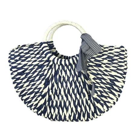 Blue Island Oaiyu Round Handle Straw Market Tote, Natural/Navy | Walmart (US)