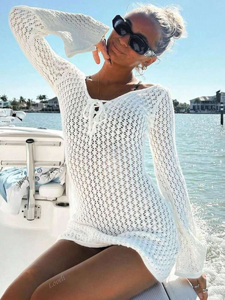 Women's Vacation Crochet Hollow Out Knit Dress, Slim Fit V-Neck Bowknot Sun Protection Cover-Up, ... | SHEIN