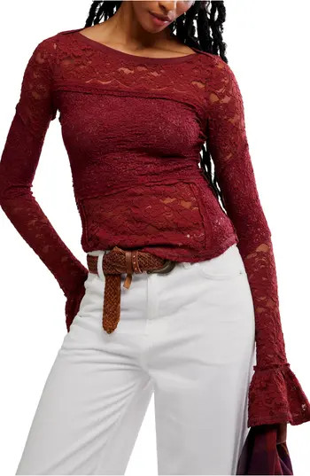 Free People Bell Sleeve Sheer Cotton Blend Lace Top in Cabrenet at Nordstrom Rack, Size Small | Nordstrom Rack
