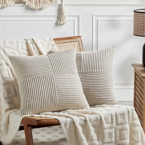 Fancy Homi 2 Packs Neutral Taupe Decorative Throw Pillow Covers 18x18 Inch for Living Room Couch Sofa, Rustic Farmhouse Boho Home Decor, Soft Corss Corduroy Patchwork Textured Square Cushion Case 45cm | Amazon (US)