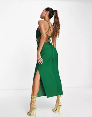 ASOS DESIGN halter midi dress with wrap waist detail in washed fabric in dark green | ASOS (Global)