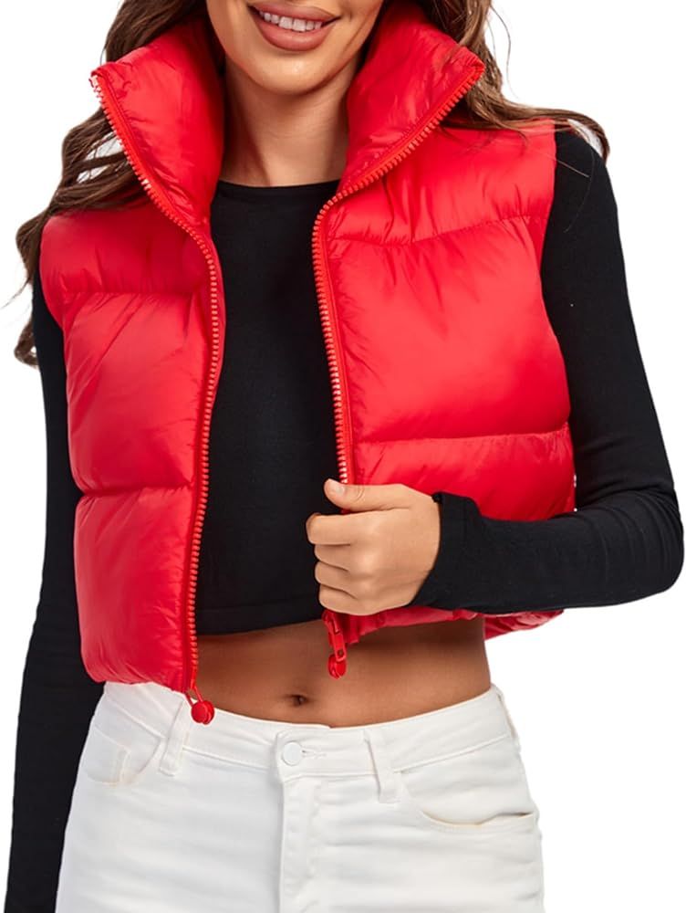 Fuinloth Women's Padded Vest, High Stand Collar Lightweight Zip Crop Puffer Gilet | Amazon (US)